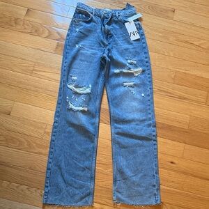 Zara Blue Distressed Wide Leg High Rise 90’s Full Length Jeans 38 6